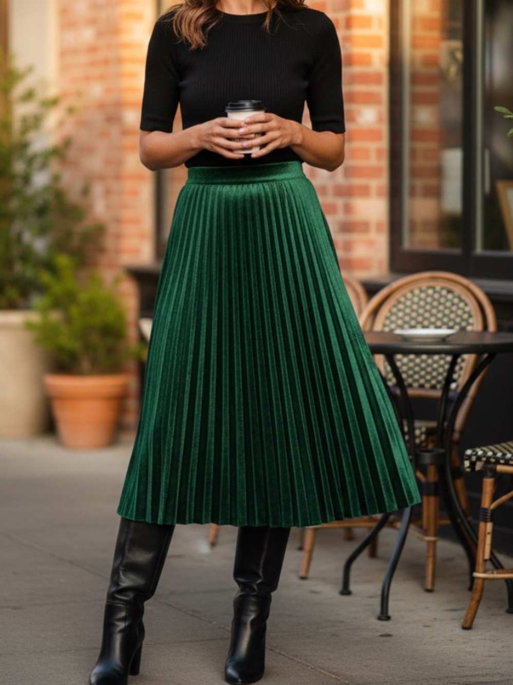 Green Pleated Midi Skirt - Elegant Womens Skirt Velvet